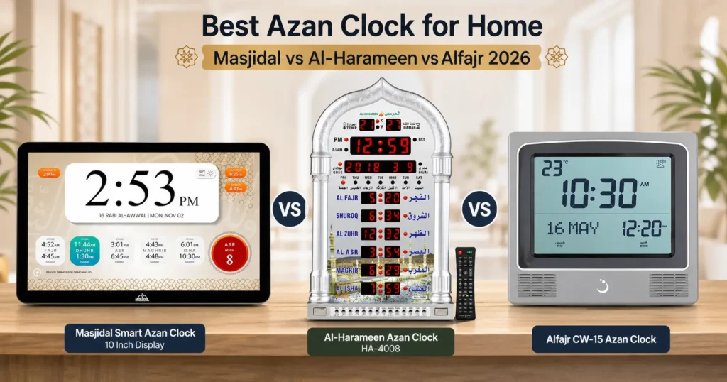 Best Azan Clock for Home Masjidal vs Al-Harameen vs Alfajr 2026-compressed