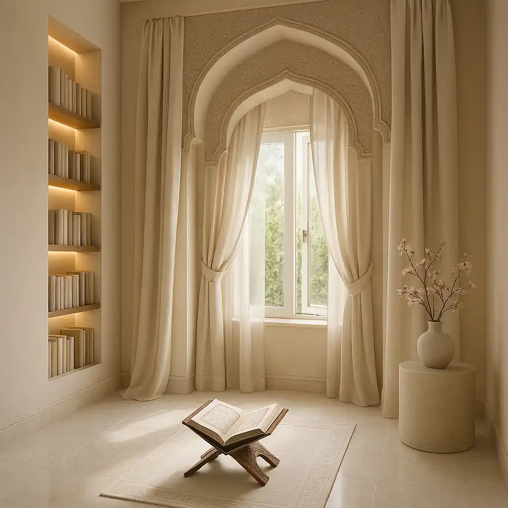 An islam prayer room with an open sunlit window arch for proper ventilation