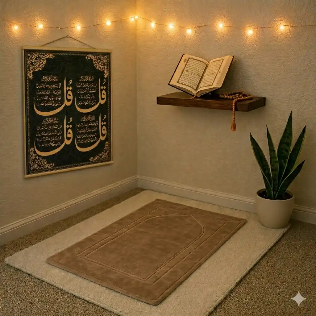 A cozy islam prayer corner with a four qul canvas and fairy lights