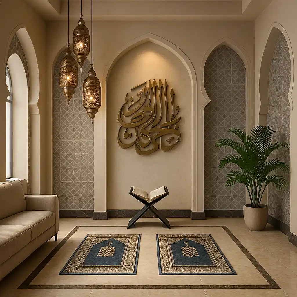 A luxurious islamic prayer room with three stone arches and gold calligraphy