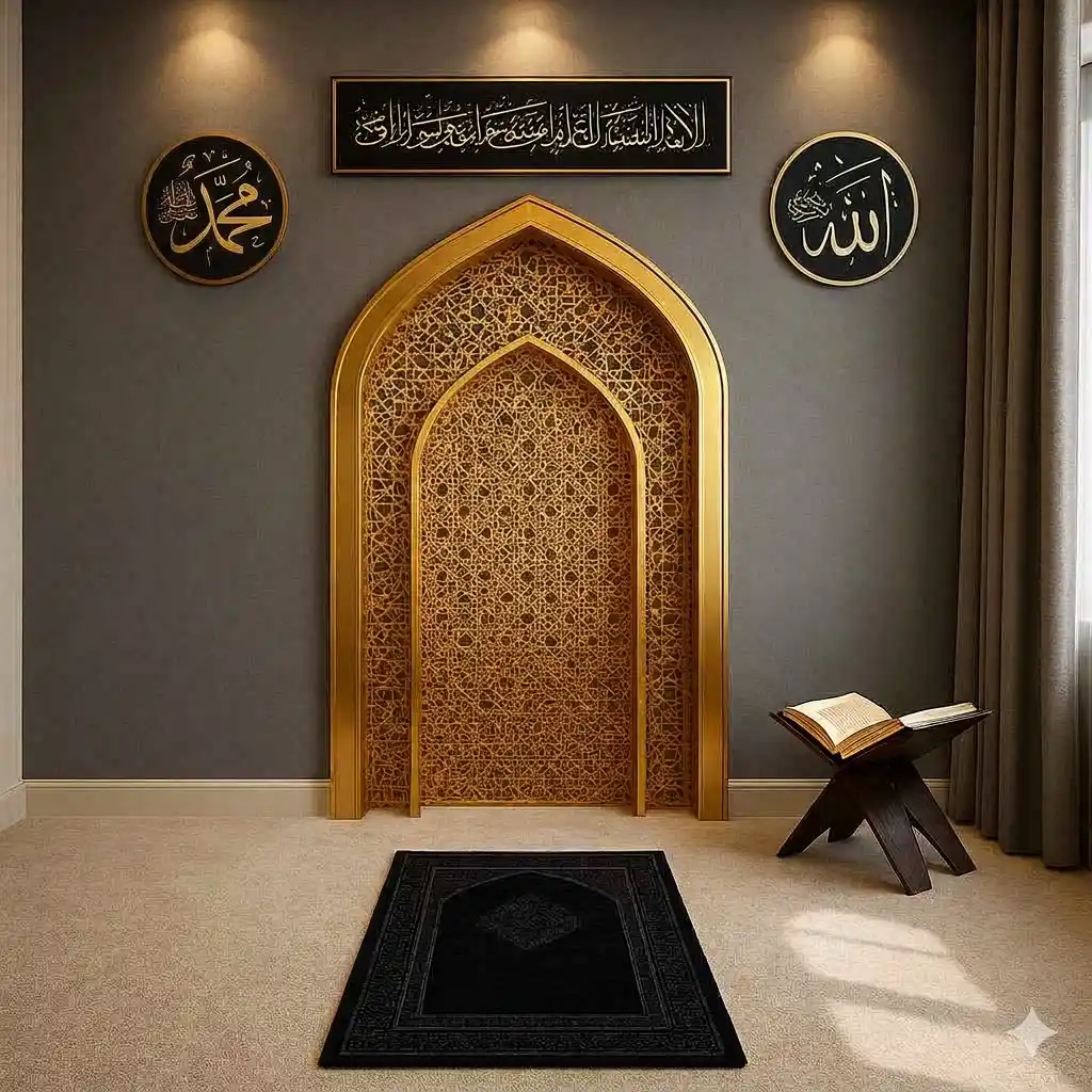A modern gold Mihrab arch and black mat in a gray islam prayer room