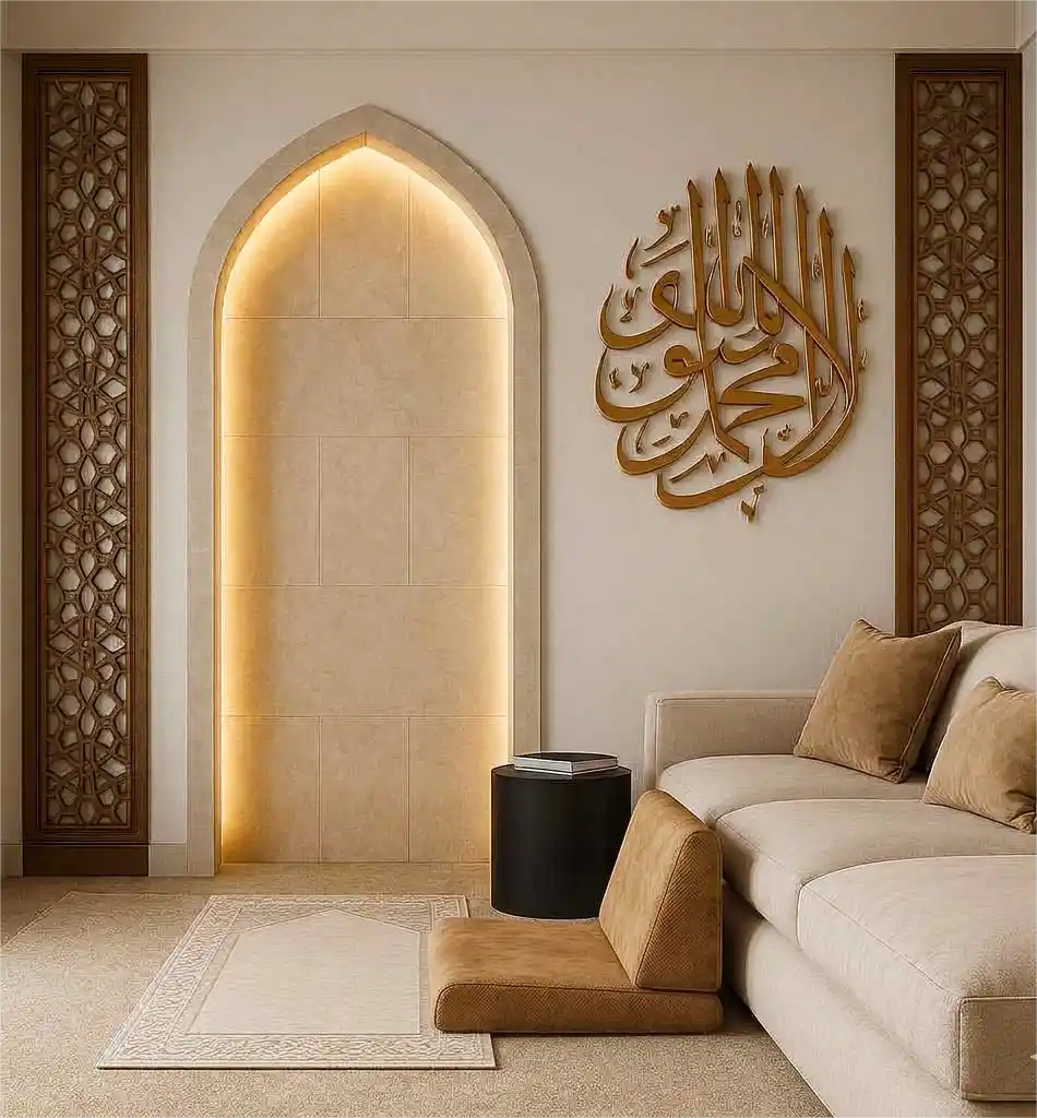 A padded floor seating chair next to a prayer mat in a cozy islam prayer room