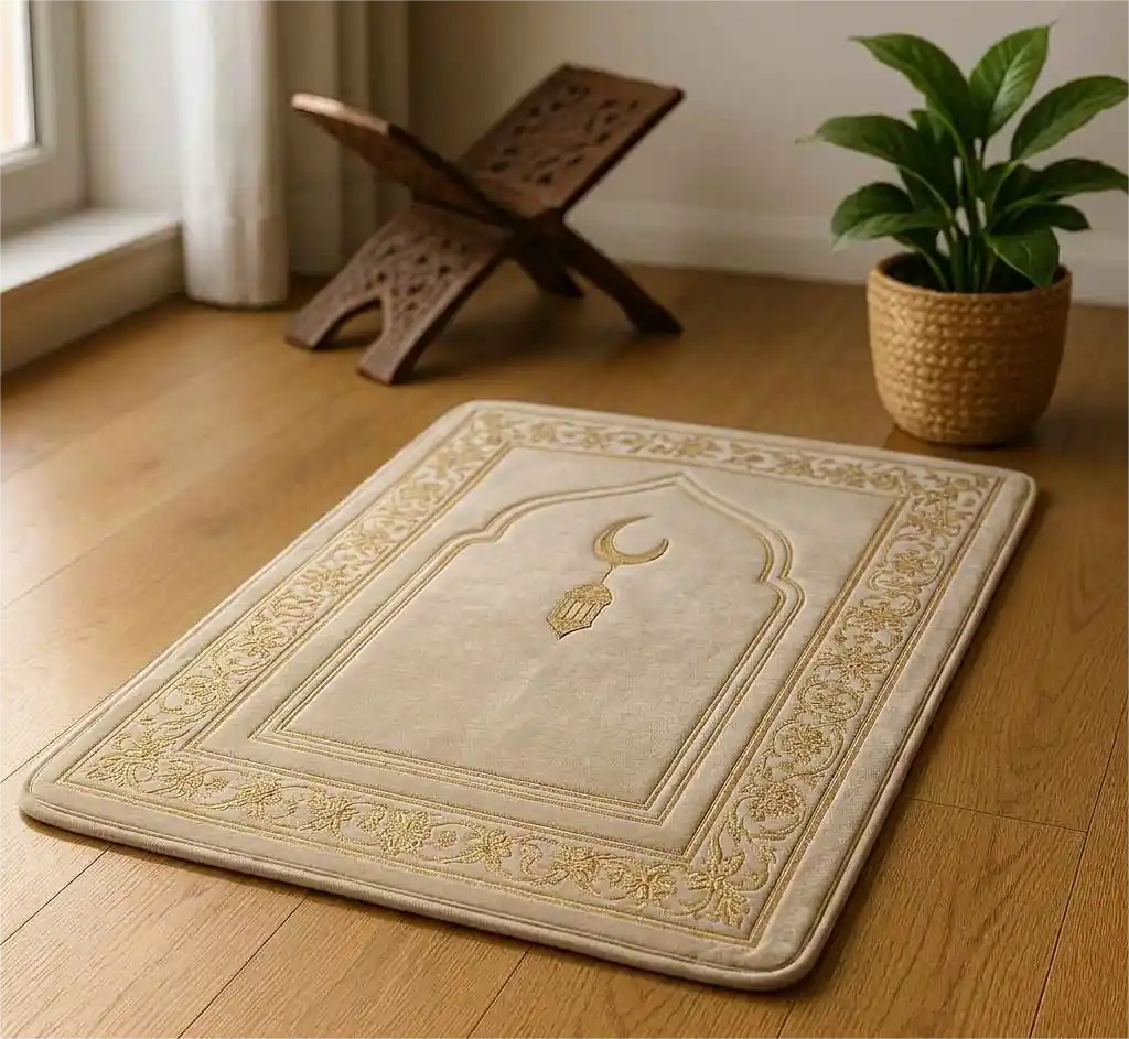 A plush padding memory foam muslim prayer mat on a light oak floor