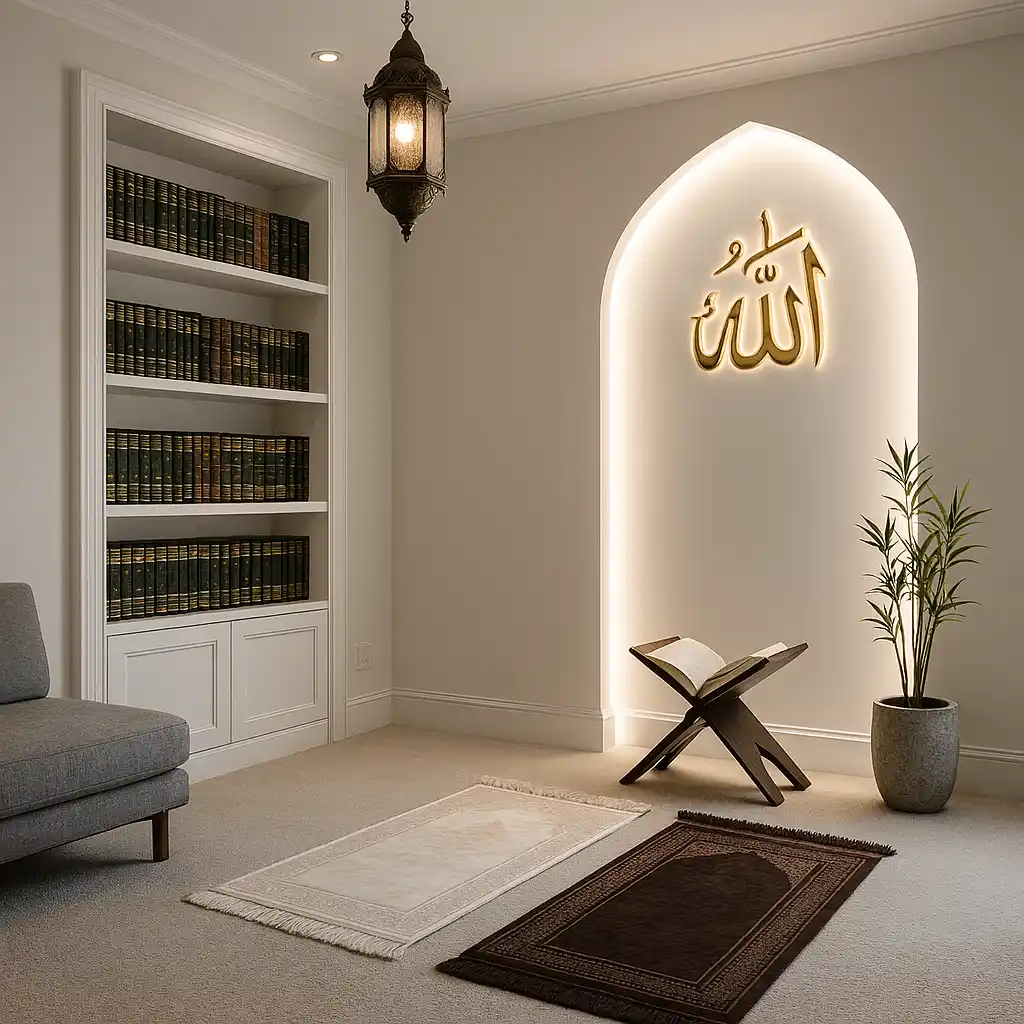 A white religious bookcase with four shelves and a wooden Quran stand