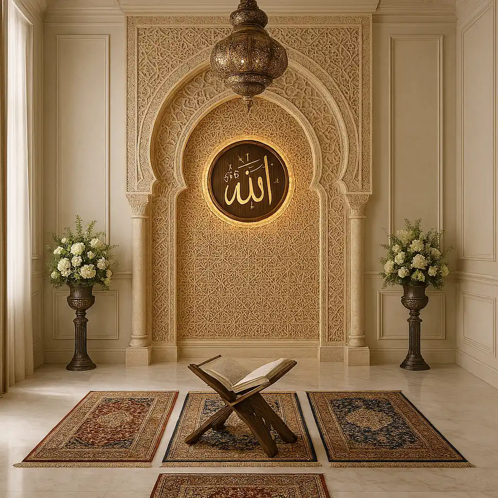 An islamic home prayer room featuring calming cream tones and white walls.