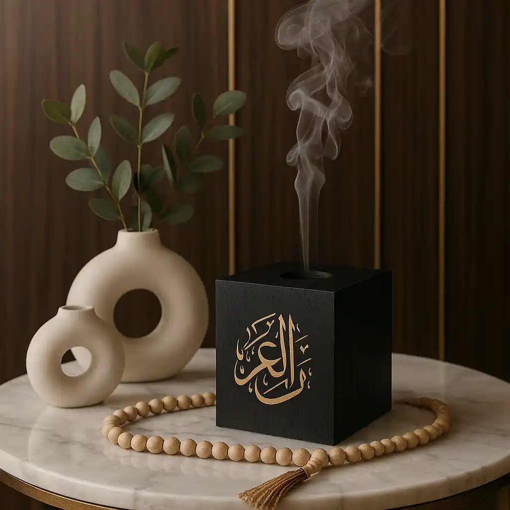 An islamic incense burner releasing oud smoke next to tasbih beads