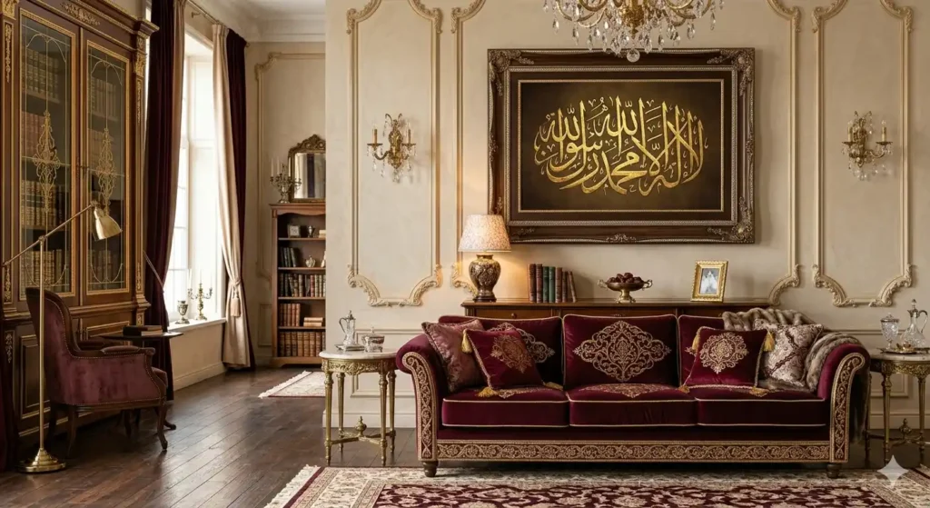 Luxury gold Arabic calligraphy wall art in a royal living room with beige walls and burgundy furniture.