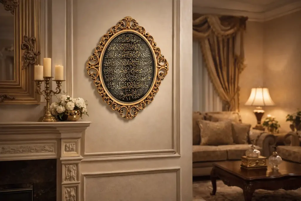 Classic Turkish Ayatul Kursi wall plaque by Gunes with gold embossed details on a black background.
