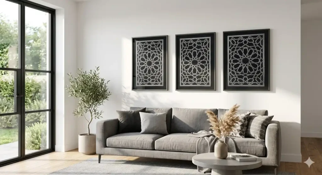 Modern 3-piece Islamic geometric wall art set in a minimalist white living room with a grey sofa.