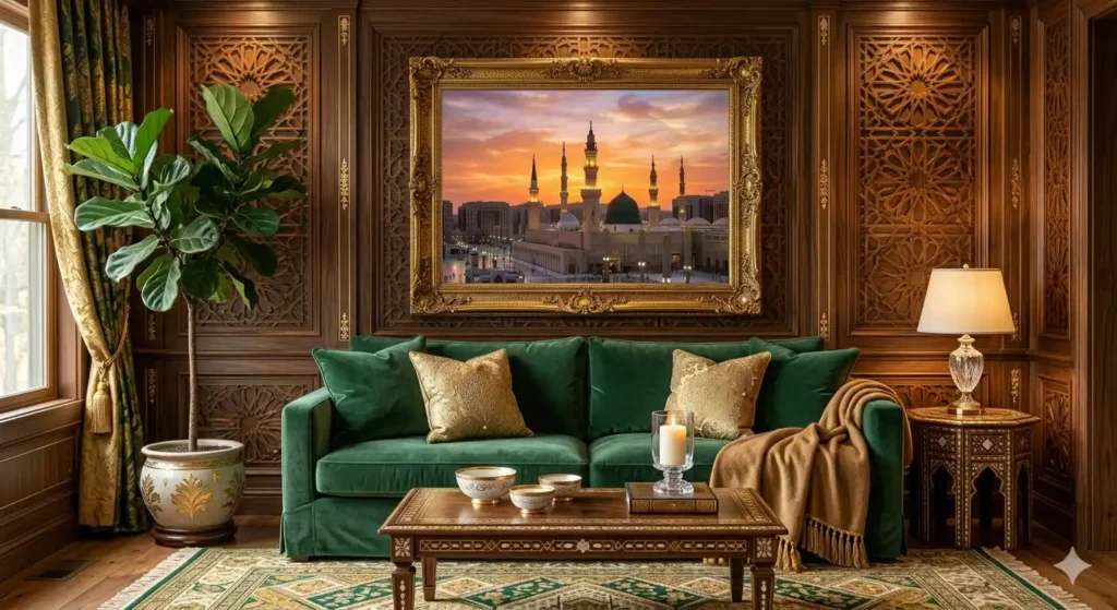 Spiritual canvas print of Al-Masjid an-Nabawi in warm sunset tones on a carved wooden wall with a green sofa