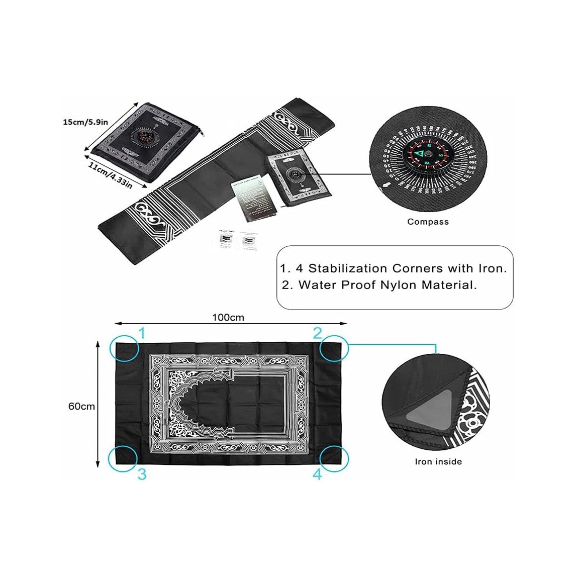 Anlising travel prayer mat with compass dimensions and stabilization corner weights