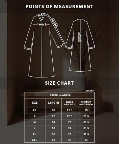 Ariana Abaya Size Chart