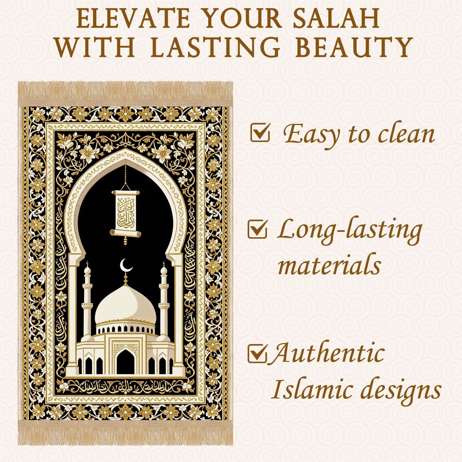Artistic prayer rug with authentic Islamic designs and durable materials