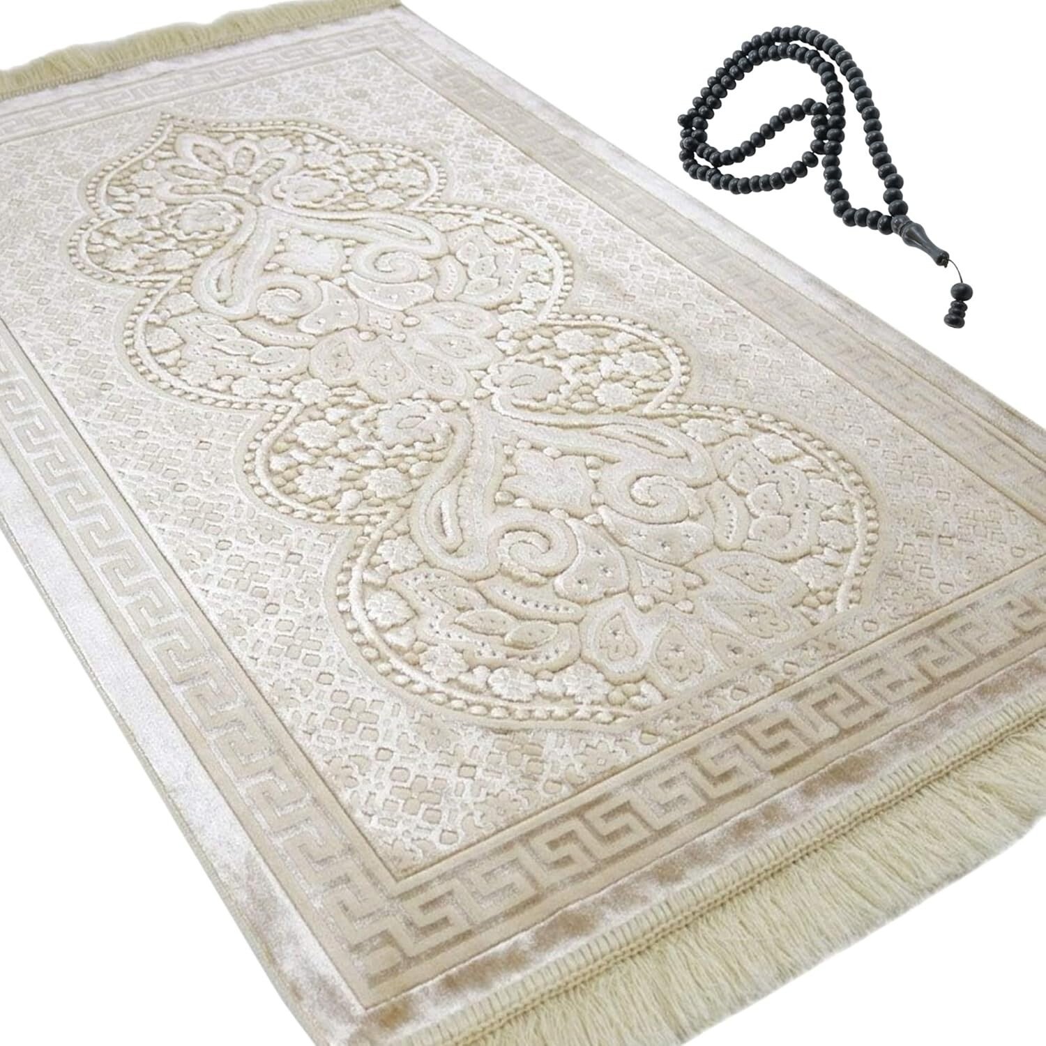 Beige Modefa luxury velvet prayer rug with elegant Turkish patterns