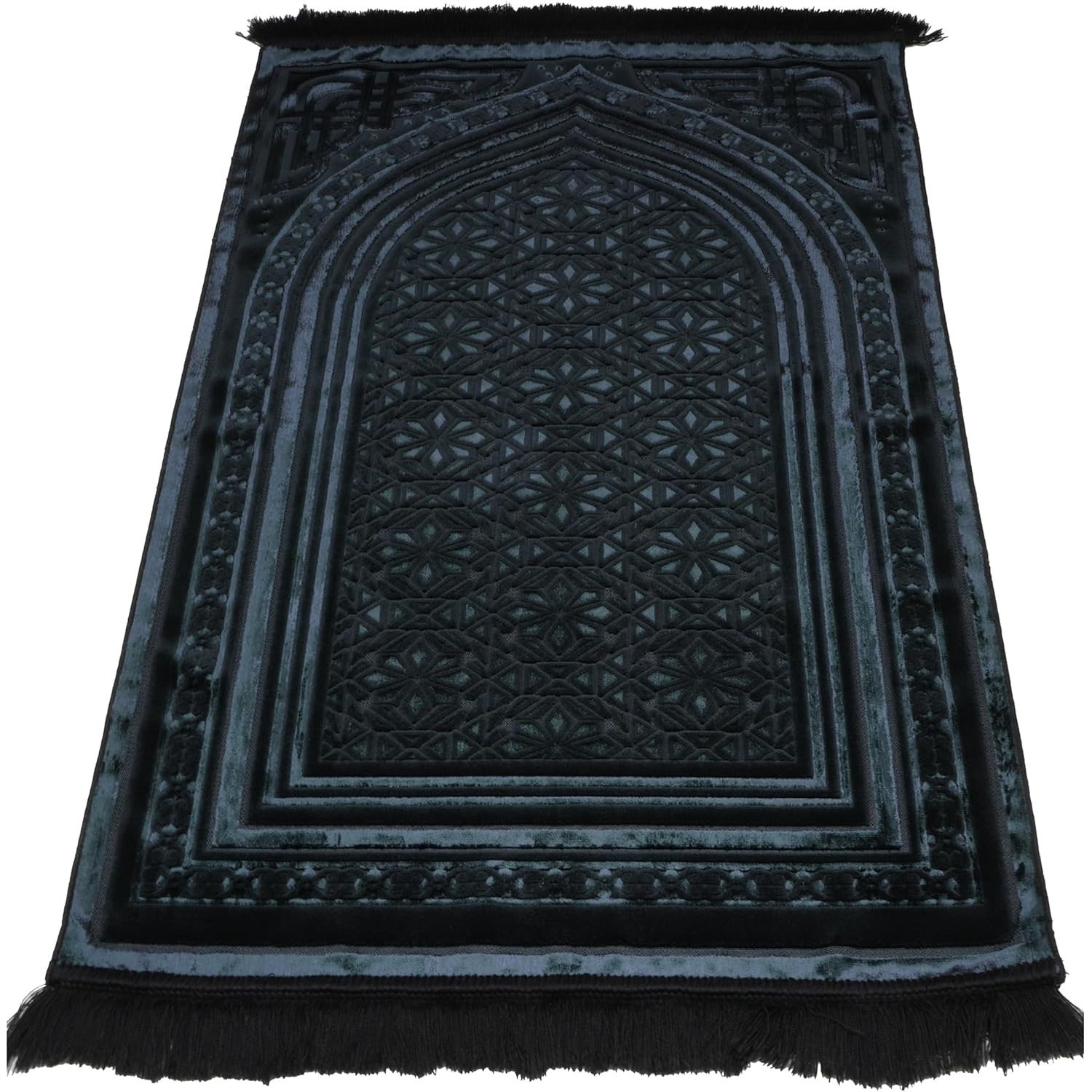 Black Turkish luxury velvet prayer rug with intricate geometric patterns