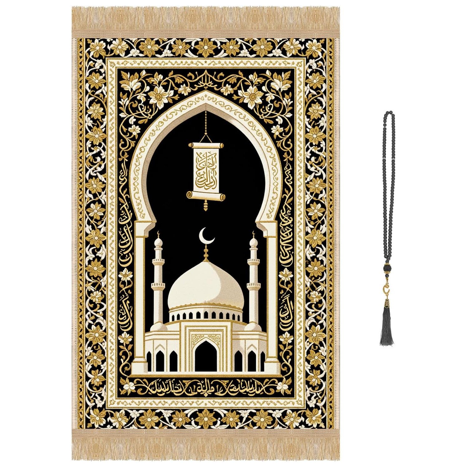 Black and gold Arabic Islamic prayer rug with mosque motif and tasbih