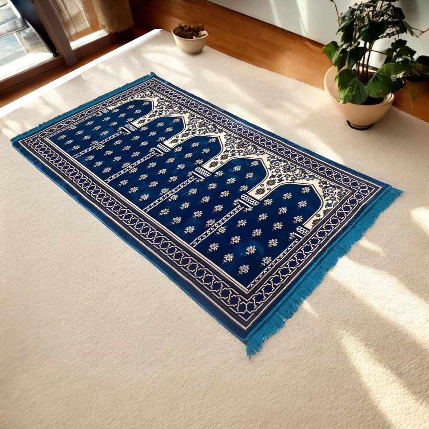 Blue Modefa large prayer mat for family gatherings in a sunlit room