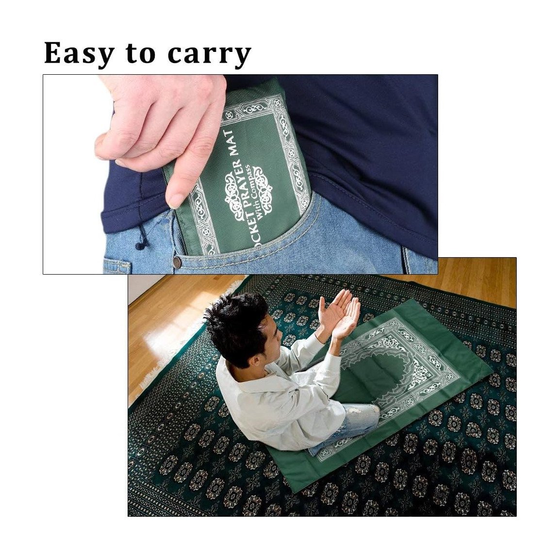 Compact green travel prayer mat with compass fits in pocket