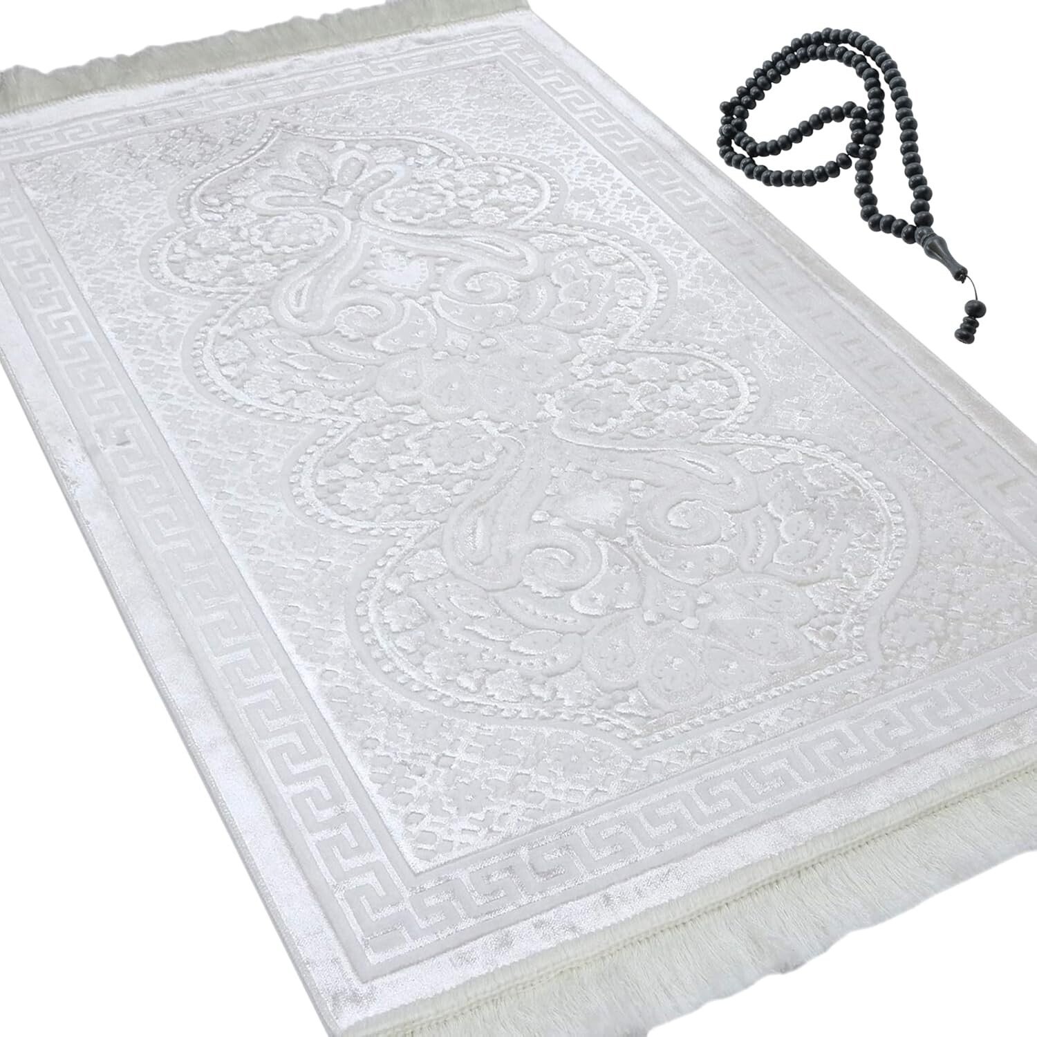 Cream Modefa luxury velvet prayer rug with prayer beads