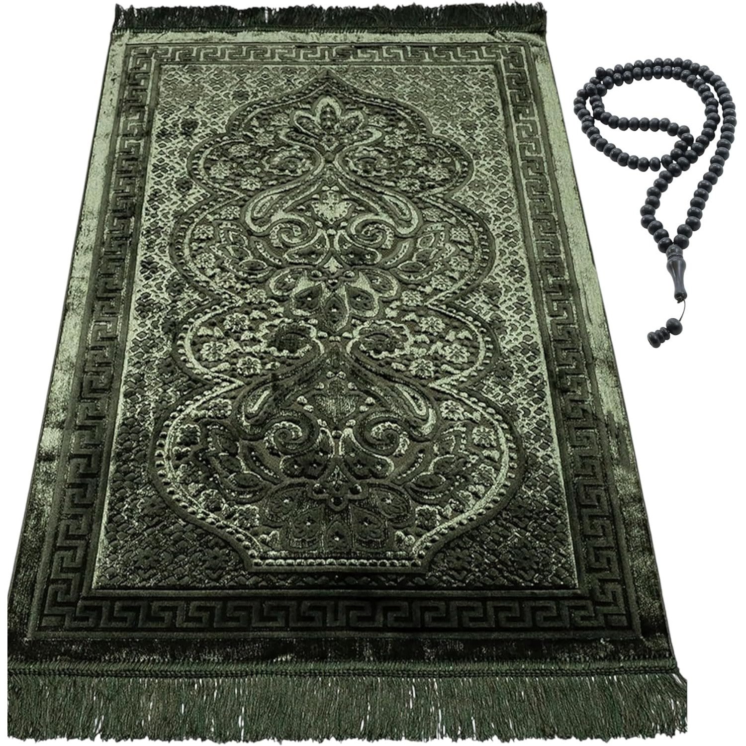 Dark green Turkish luxury velvet prayer rug with beads