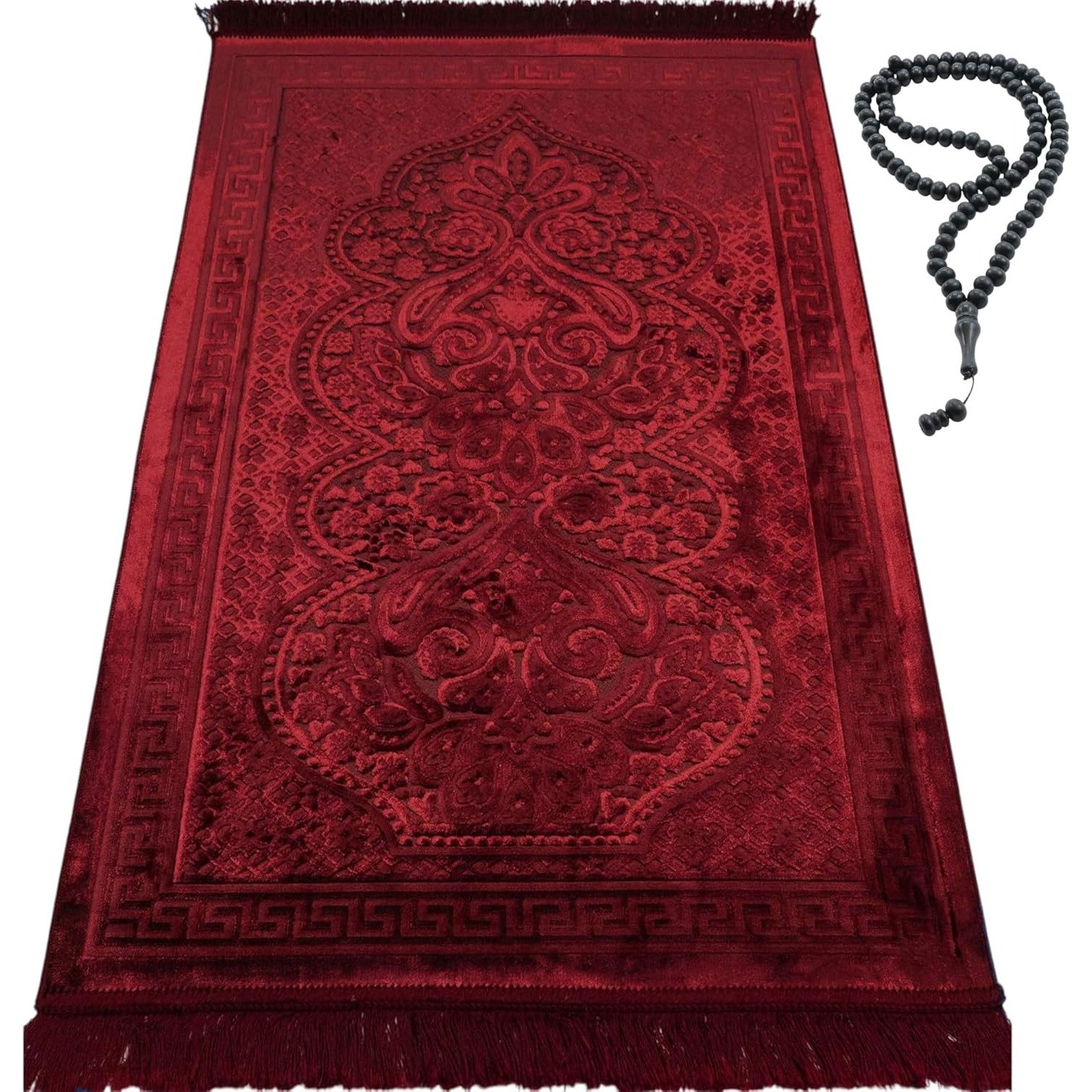 Dark red velvet luxury prayer rug with prayer beads