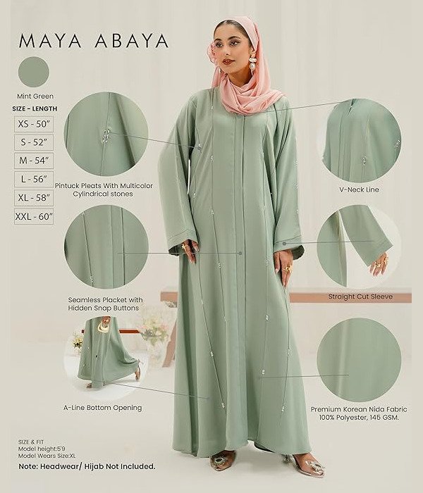 Beautiful details and premium fabric quality Detailed features of the Sage Green Maya Abaya showing fabric quality and V-neck design