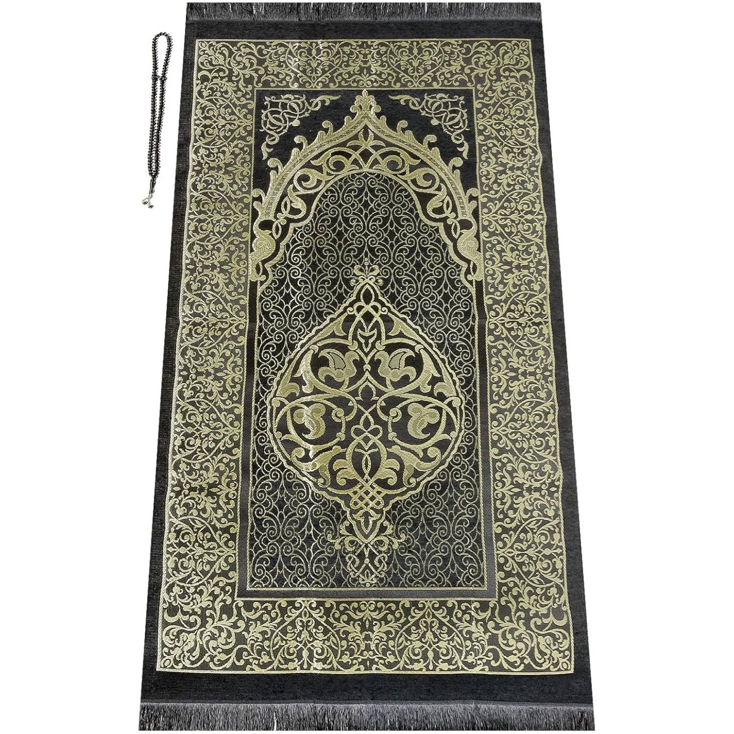 Elegant Black Ihvan Muslim Prayer Rug with Beads