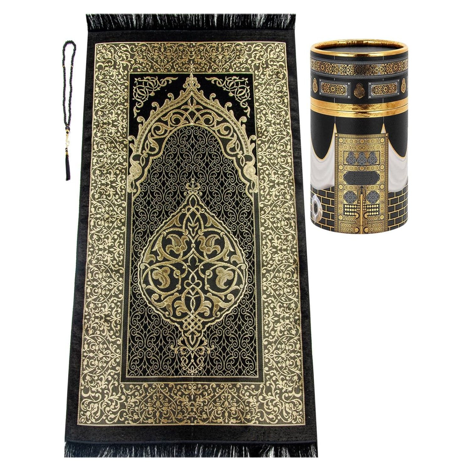 Elegant Black Ihvan Muslim Prayer Rug with Kaaba Box