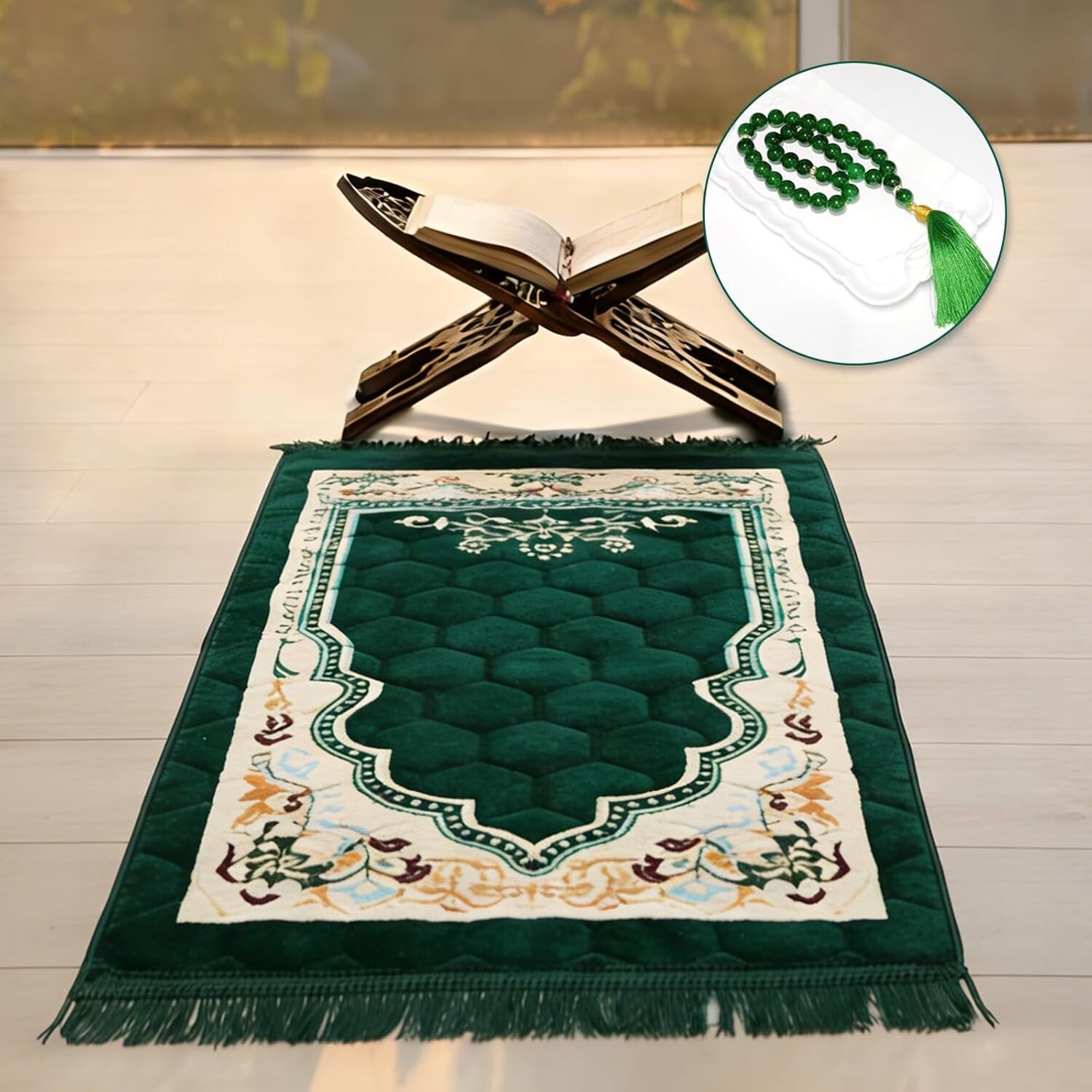 Green Padded Islamic Prayer Mat for home