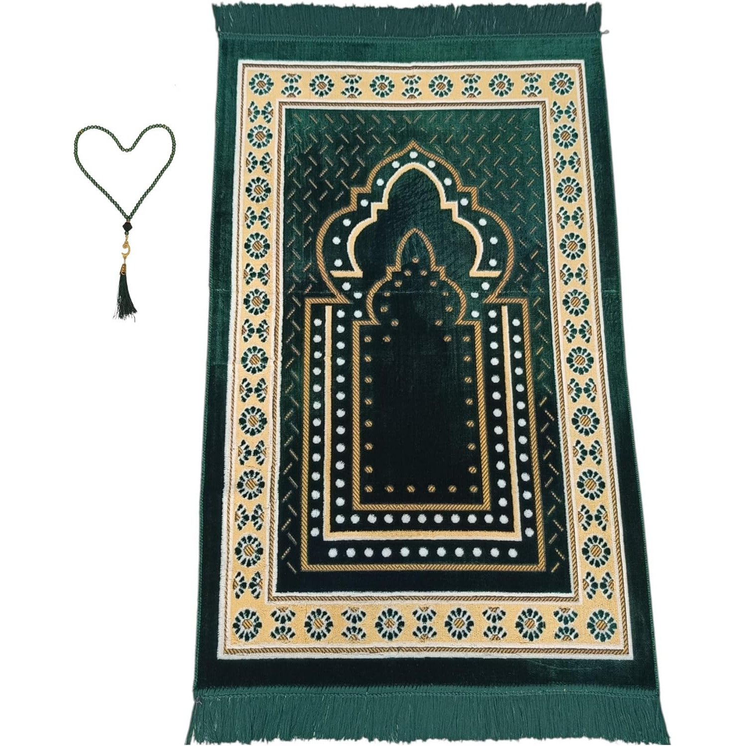 Green Turkish Muslim Prayer Rug and beads