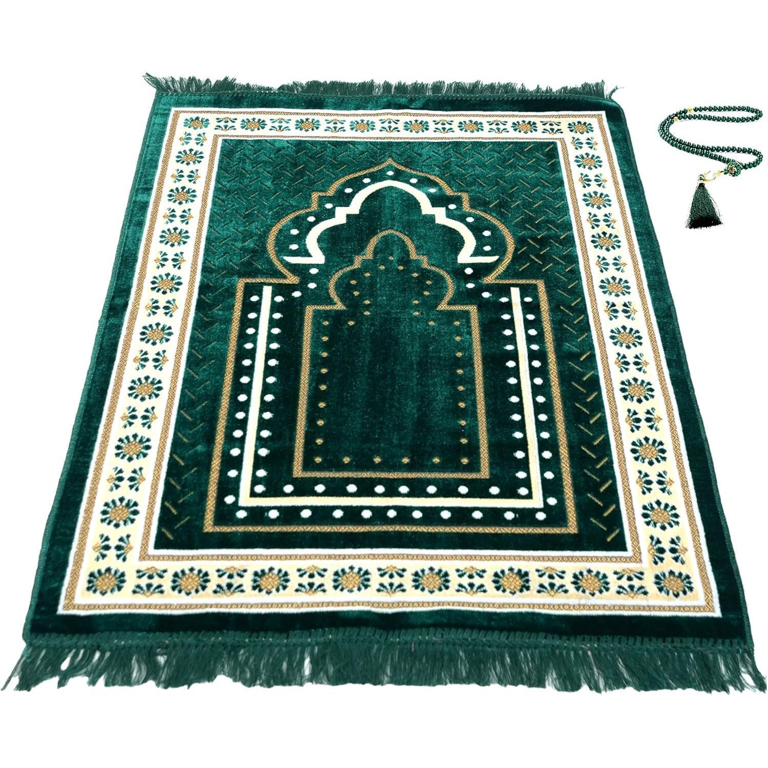 Green Turkish Muslim Prayer Rug for Men with Tasbih