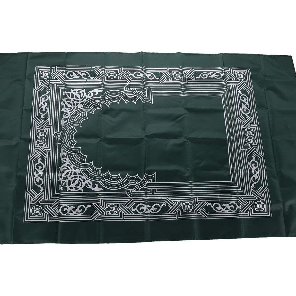 Green waterproof muslim prayer rug with compass design and Islamic patterns