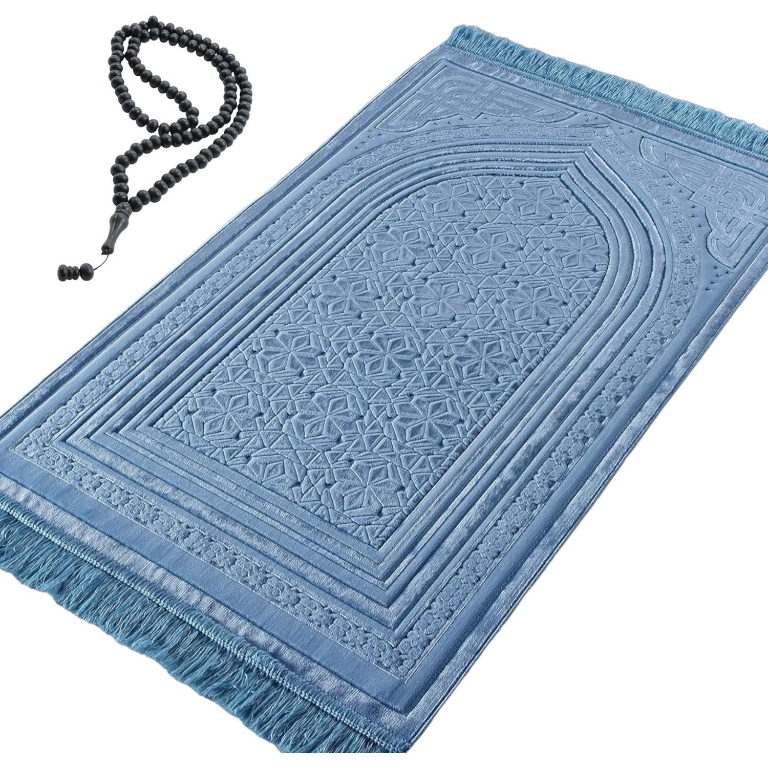 Light blue Modefa luxury velvet prayer rug with prayer beads