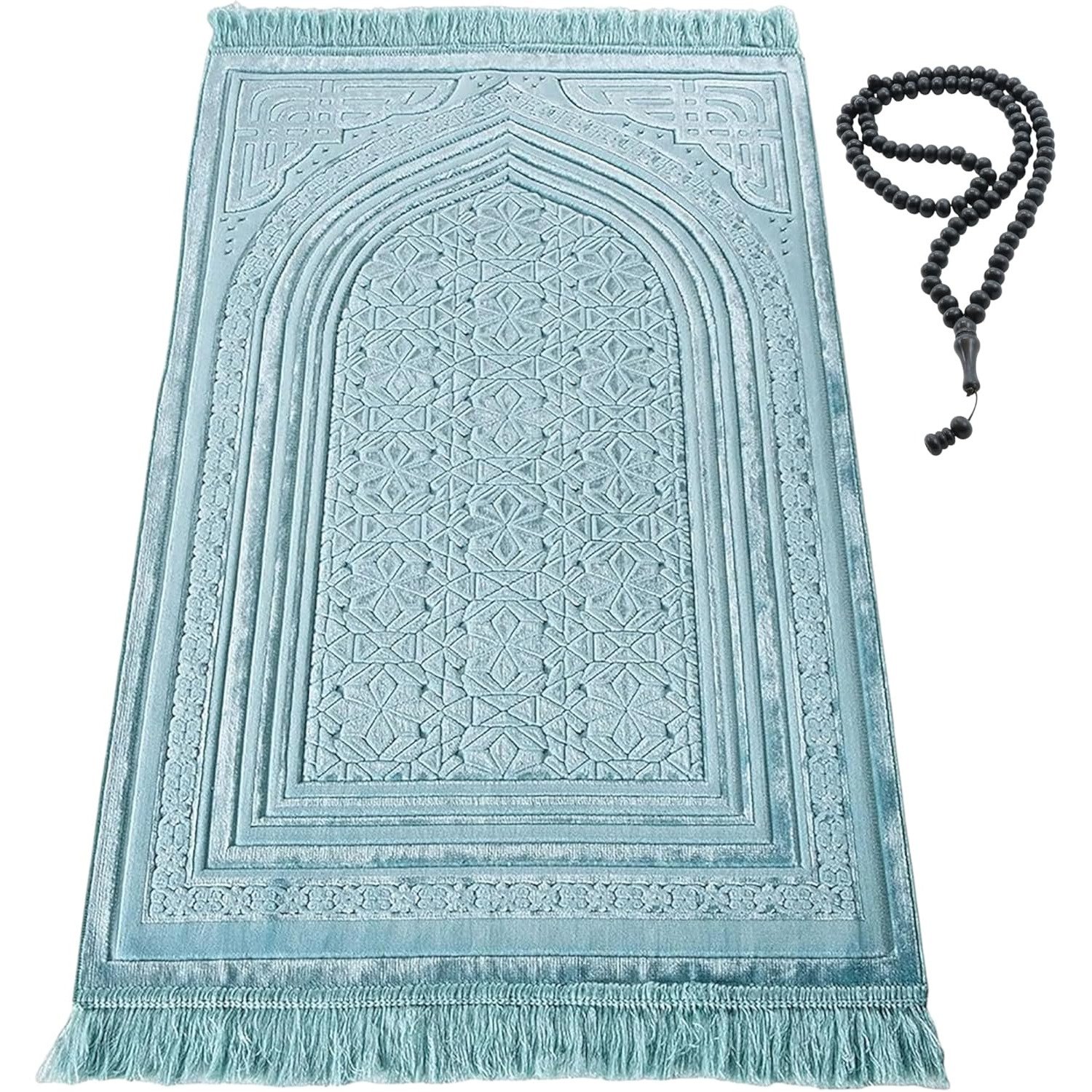 Light blue Turkish velvet prayer mat with beads