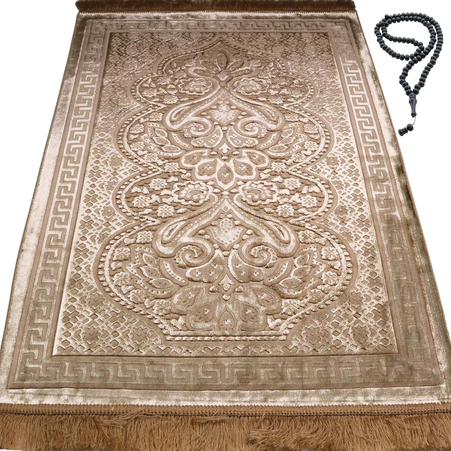 Light brown elegant velvet janamaz with prayer beads