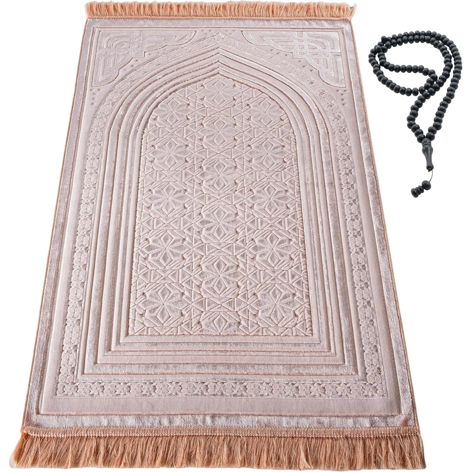 Light peach Modefa luxury velvet prayer rug with beads
