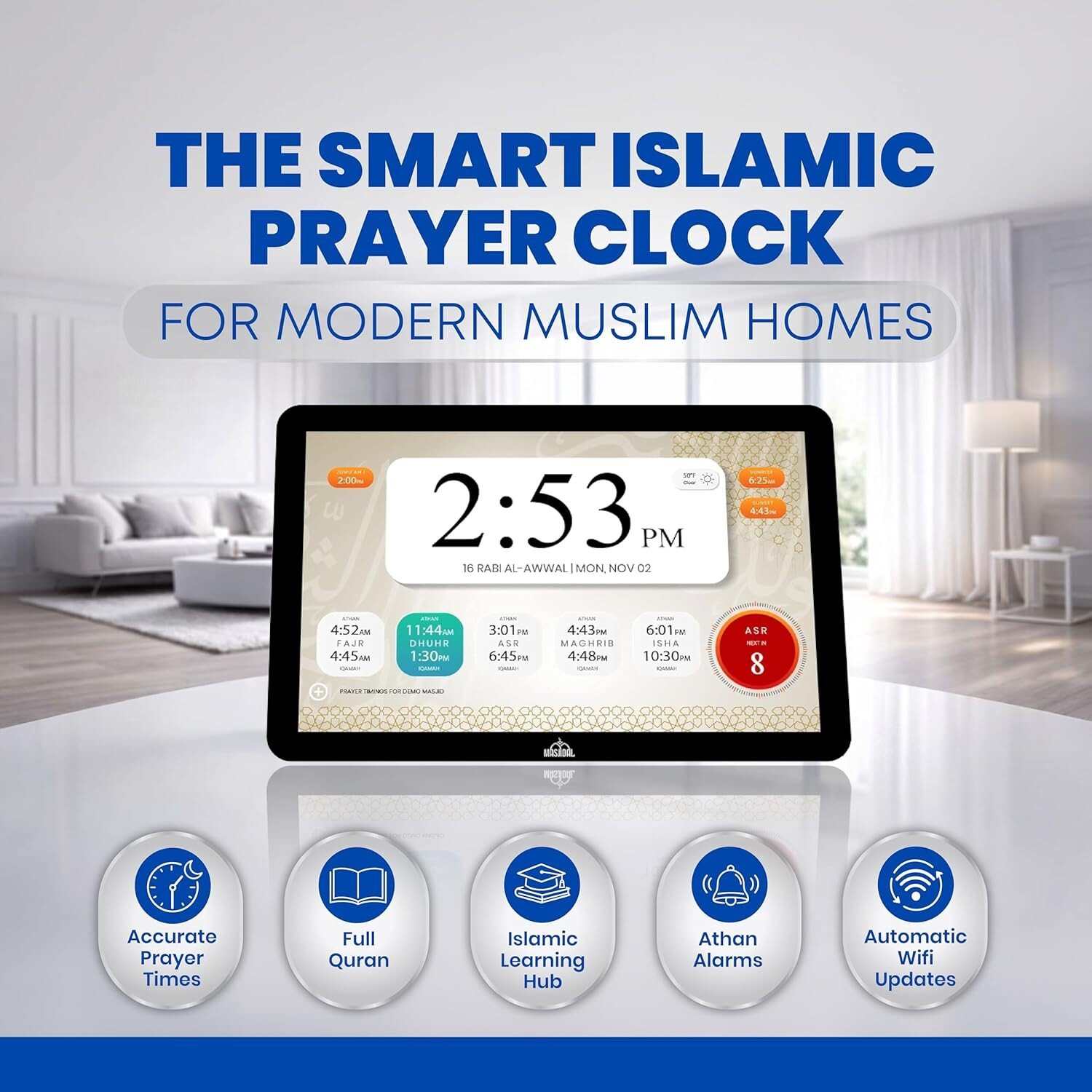 Masjidal Smart Islamic Prayer Clock Features
