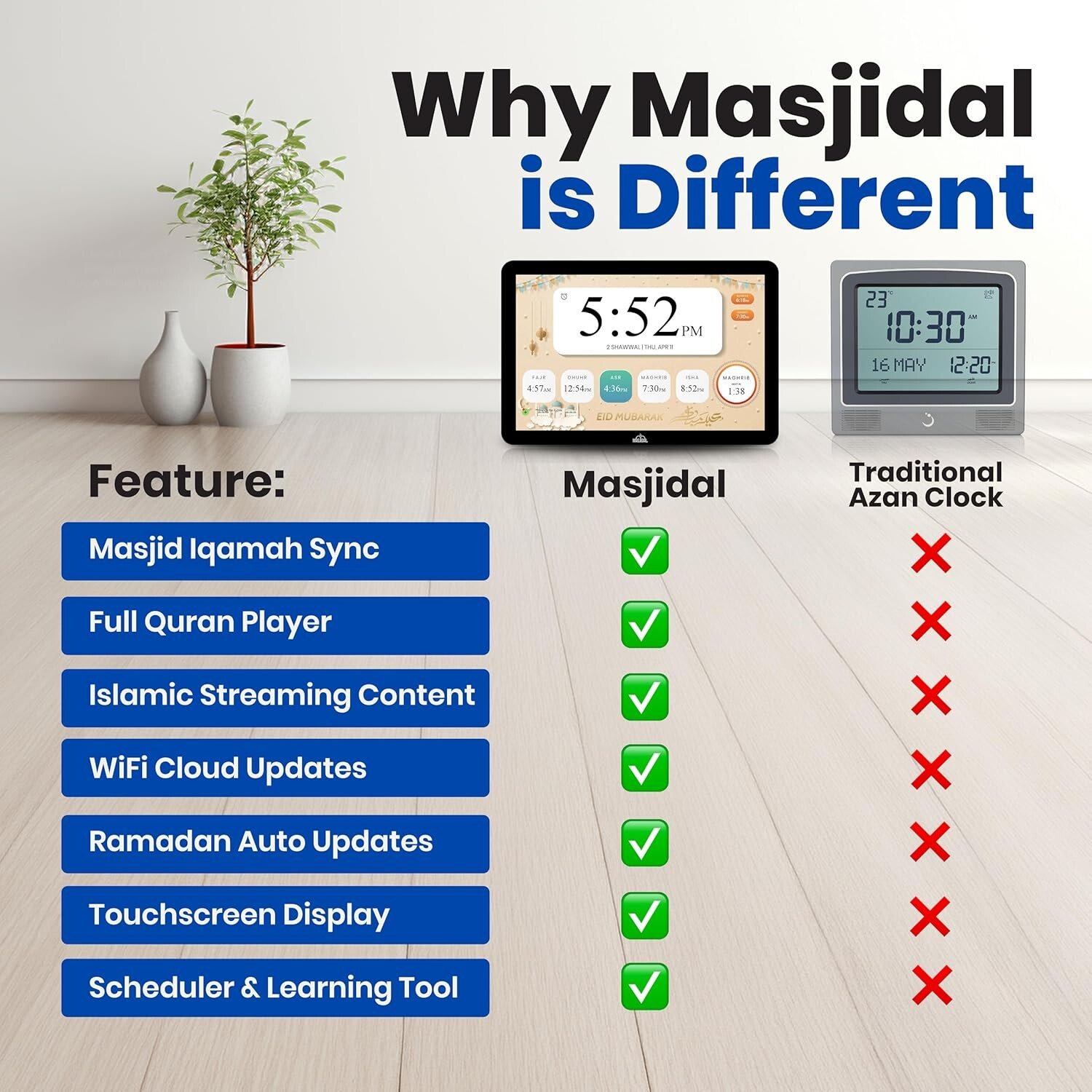 Masjidal vs Traditional Azan Clock Comparison