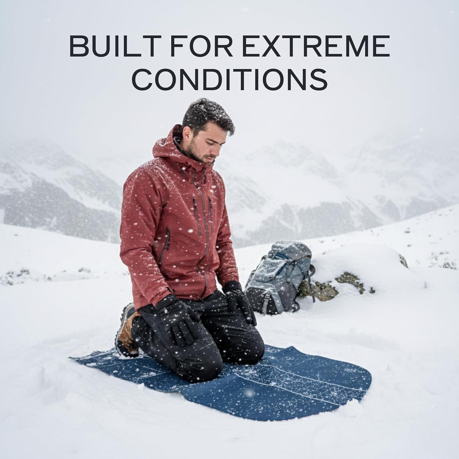 Muslim man praying on TAKVA outdoor prayer mat in snow