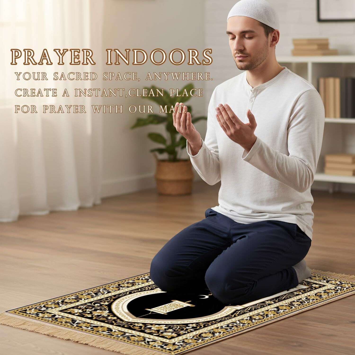 Muslim man praying on a modern Islamic prayer mat design with mosque motif