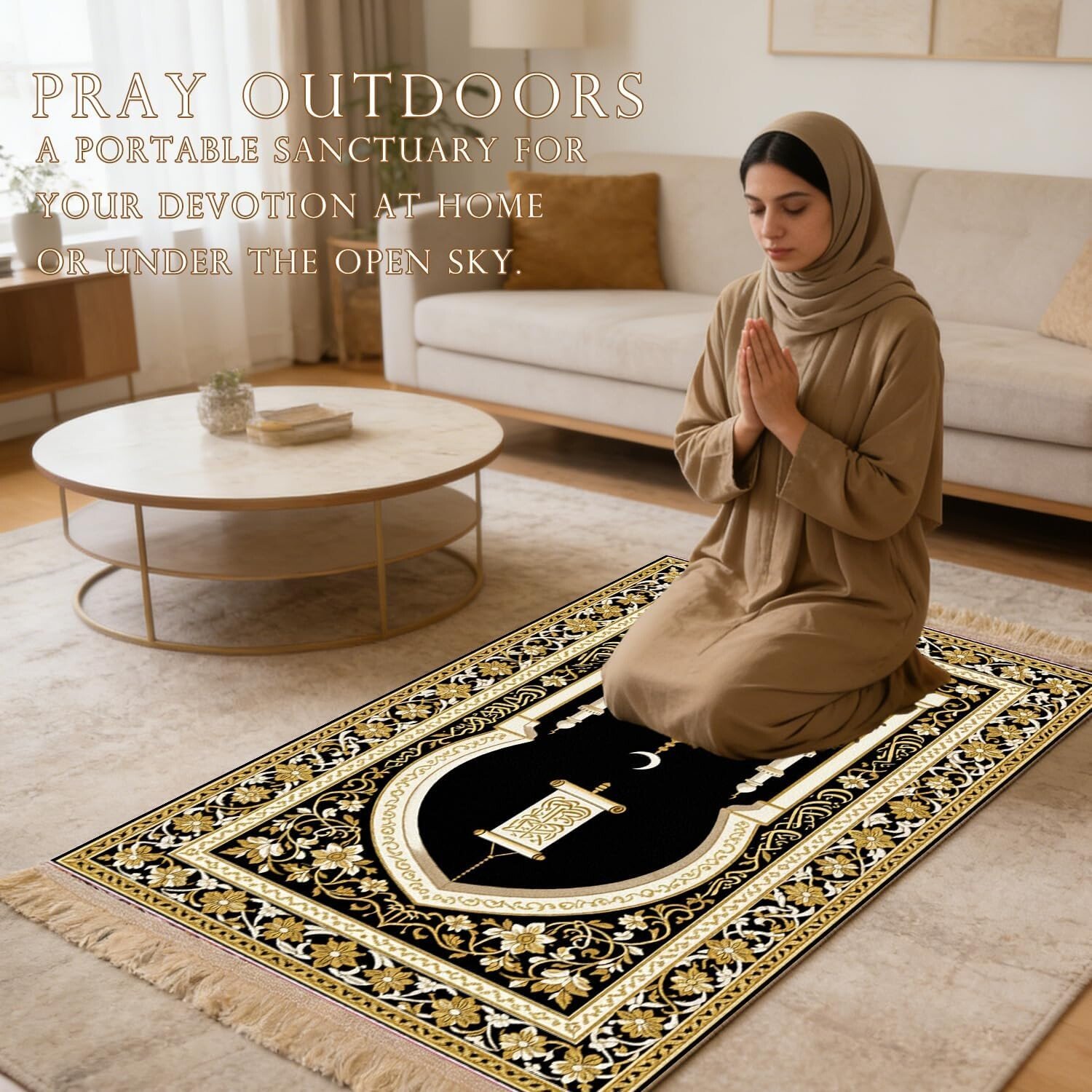 Muslim woman praying on an artistic prayer rug with Arabic calligraphy