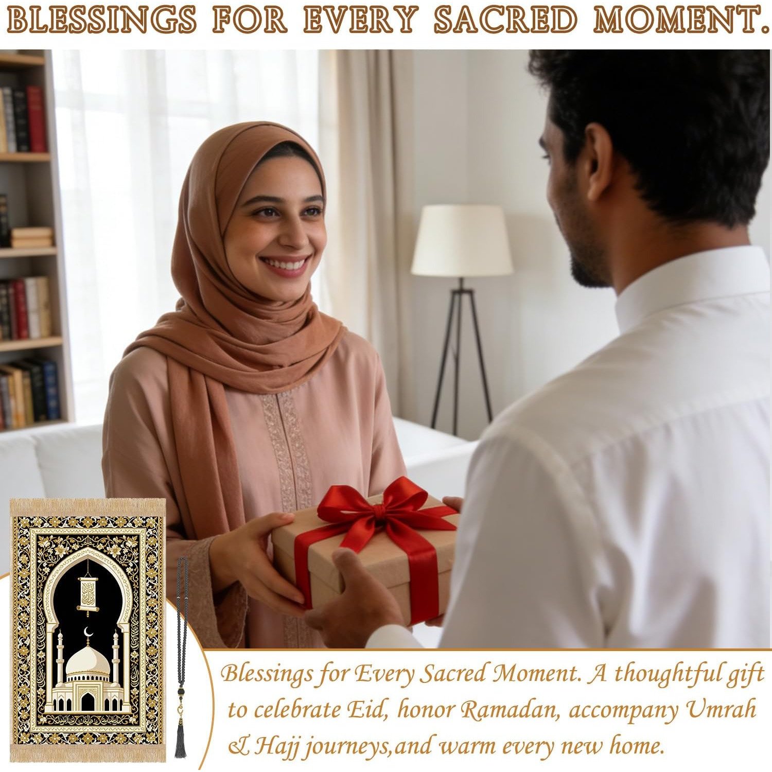 Muslim woman receiving a decorative Islamic prayer mat as an Eid gift