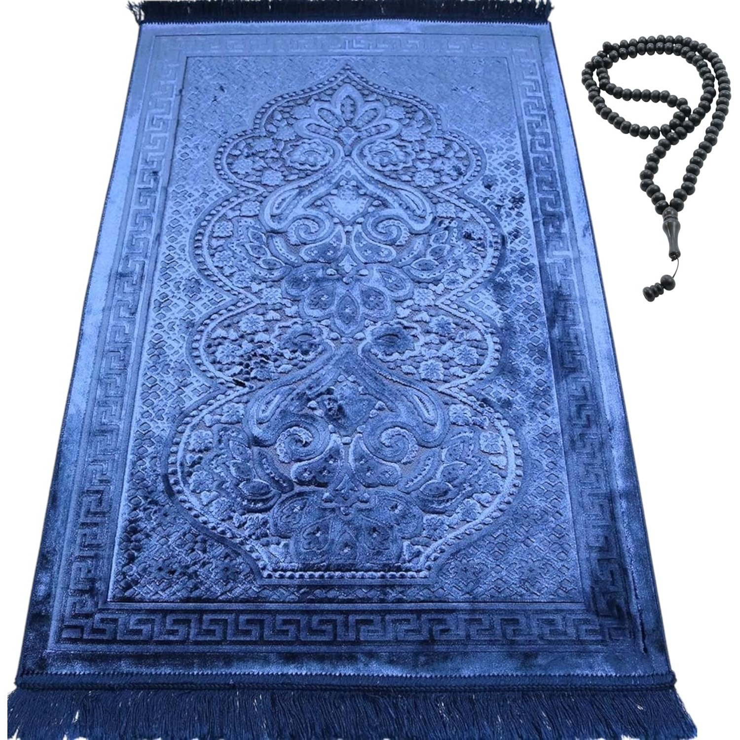 Navy blue luxury Turkish velvet prayer rug with beads