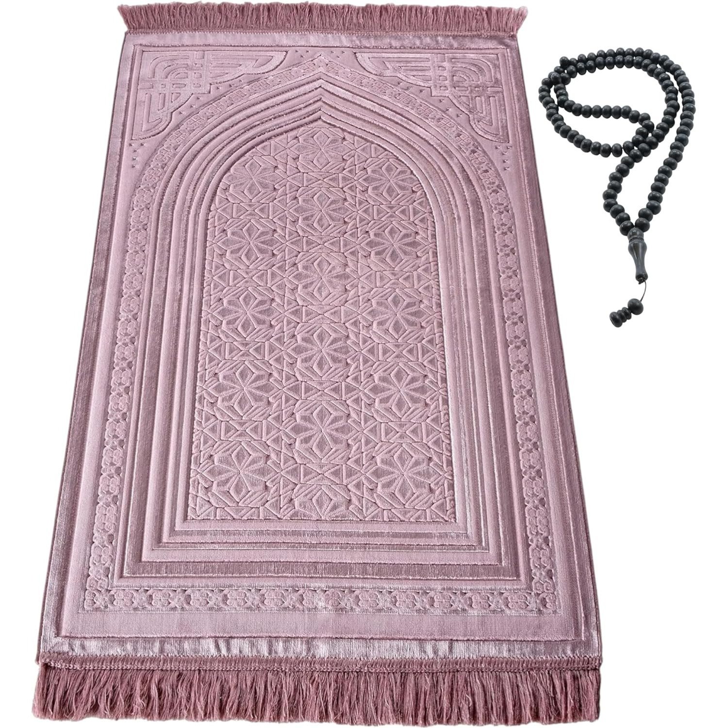 Pink luxury velvet Turkish prayer mat with beads