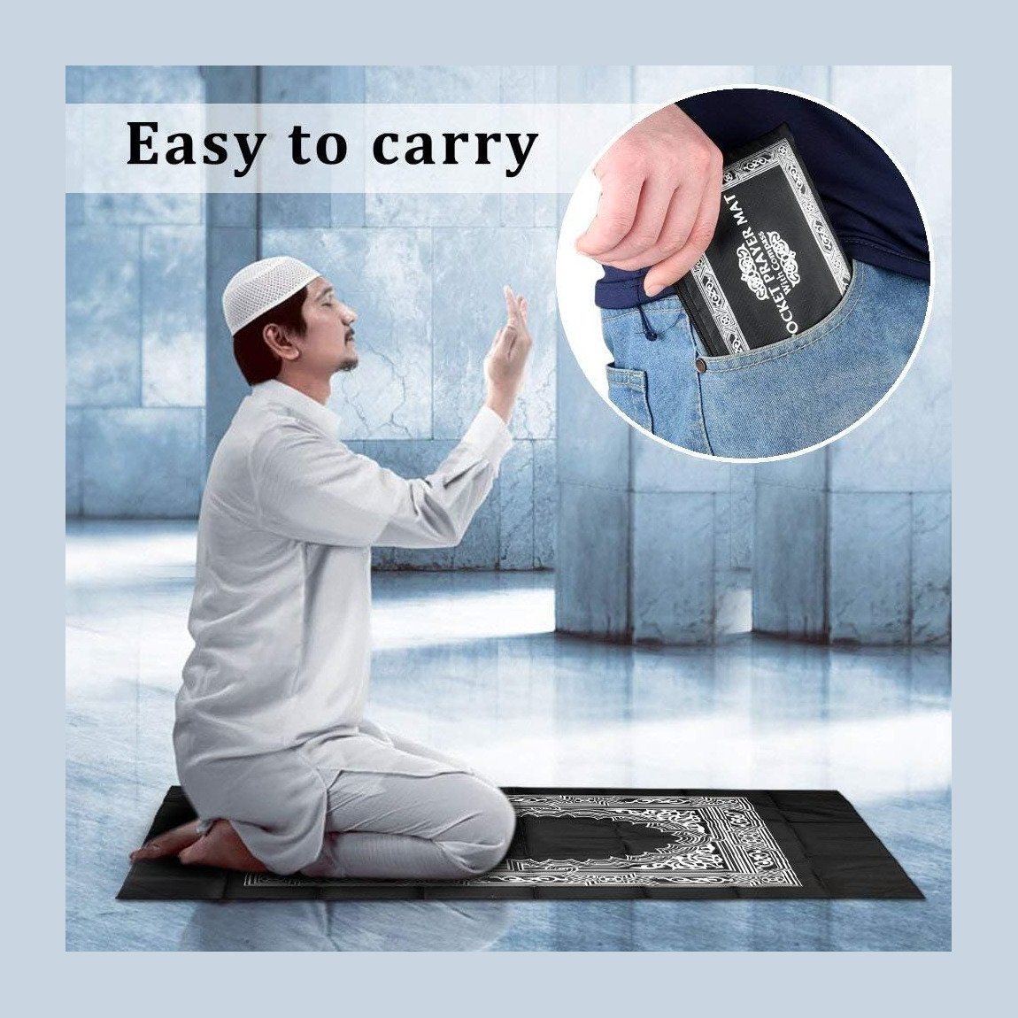 Portable travel prayer mat with compass in pocket