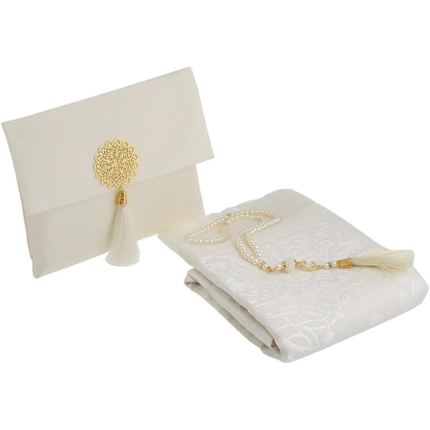 Prien White Foldable Muslim Prayer Mat and Tasbih Set