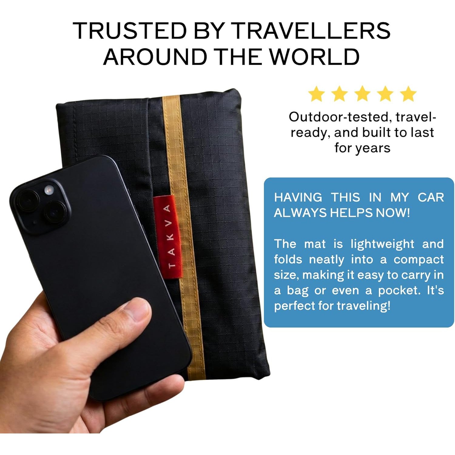 TAKVA pocket prayer mat size comparison with a smartphone