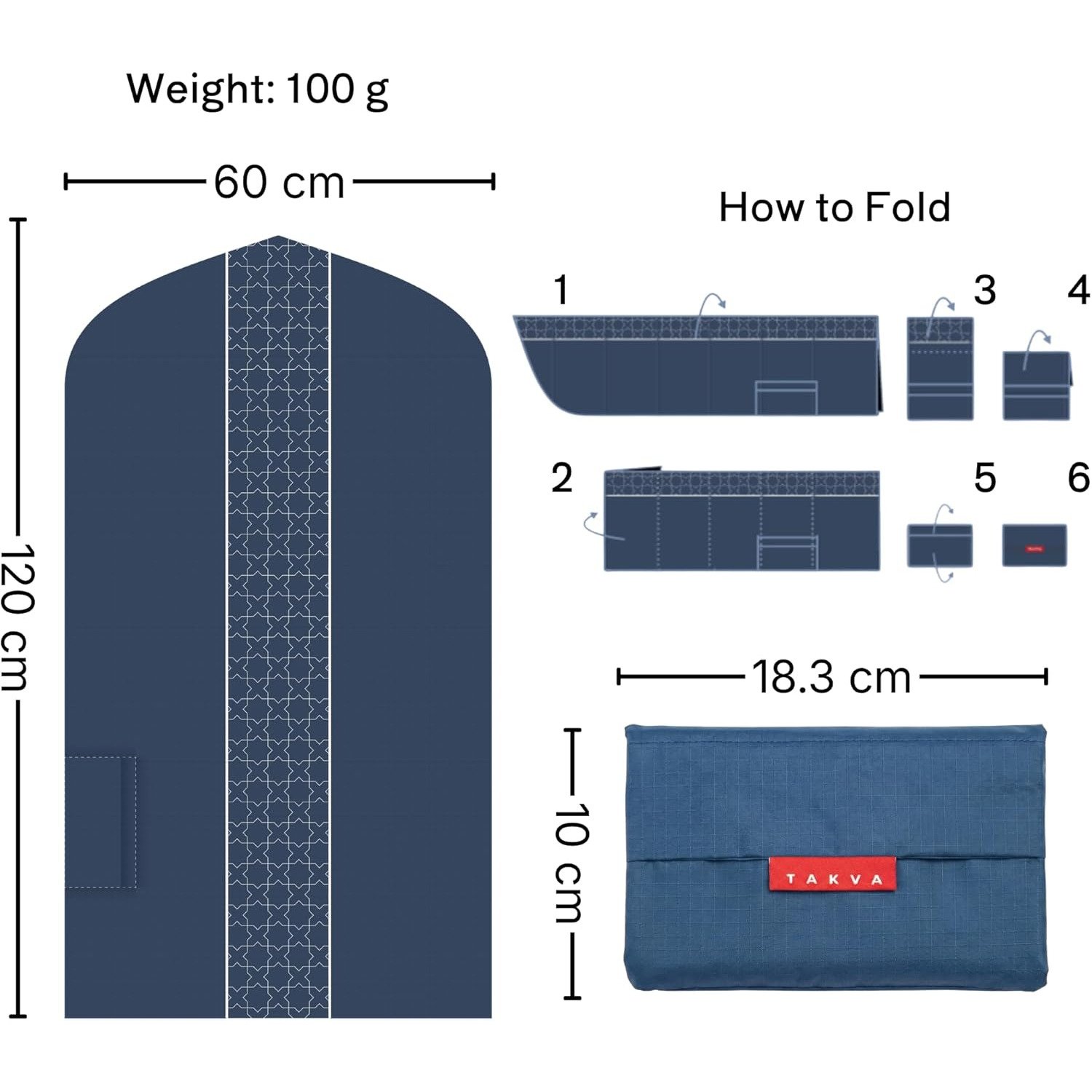 TAKVA pocket sejadah dimensions and step-by-step folding guide