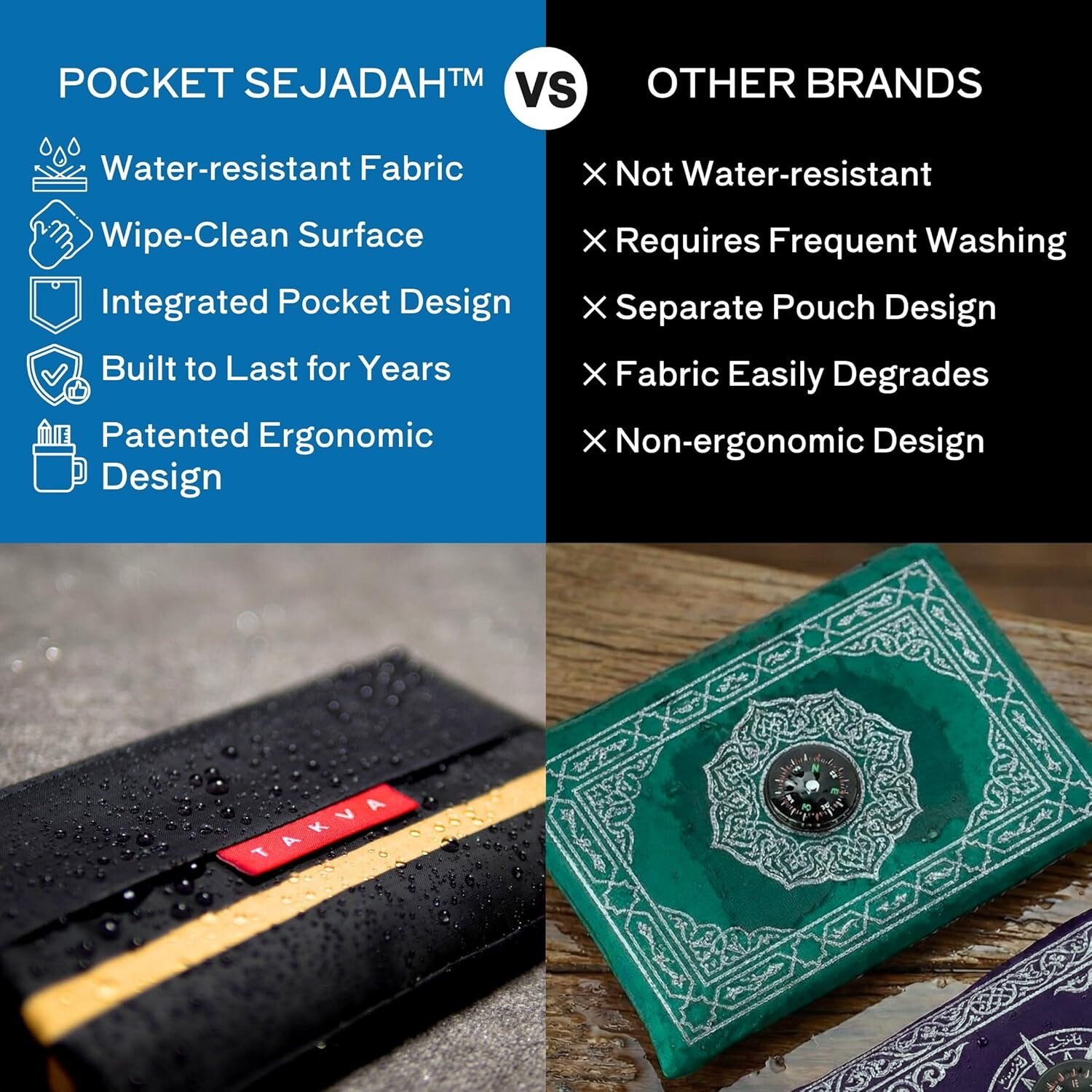 TAKVA pocket sejadah vs other brands comparison showing waterproof fabric